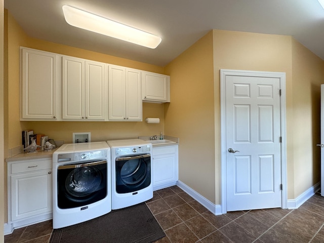 603 Dabneys Rd, Raphine, VA 24472 - laundry room featuring a sink, cabinet space, dark tile patterned floors, washing machine and clothes dryer, and baseboards