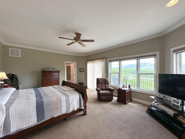 603 Dabneys Rd, Raphine, VA 24472 - carpeted bedroom featuring a ceiling fan, crown molding, visible vents, and baseboards
