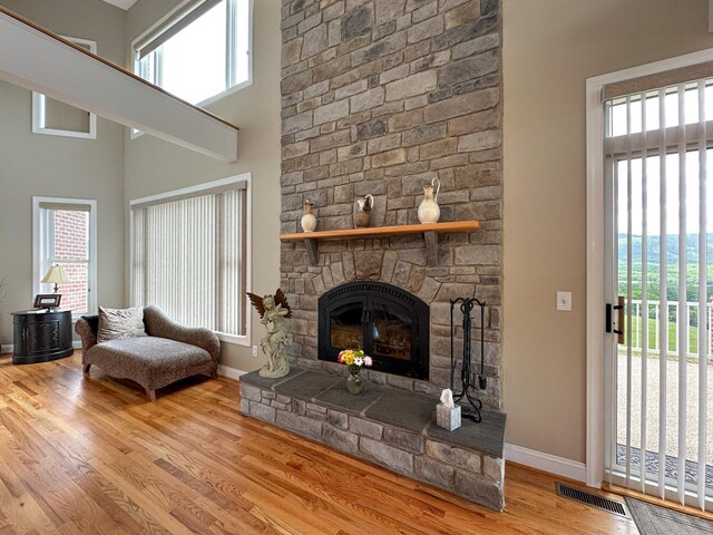 603 Dabneys Rd, Raphine, VA 24472 - living room featuring baseboards, a stone fireplace, visible vents, and wood finished floors