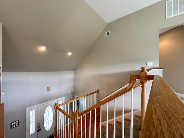 603 Dabneys Rd, Raphine, VA 24472 - stairs featuring baseboards, high vaulted ceiling, visible vents, and recessed lighting