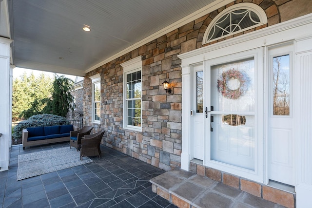 1767 Goose Creek Rd, Waynesboro, VA 22980 - property entrance with stone siding, outdoor lounge area, and covered porch