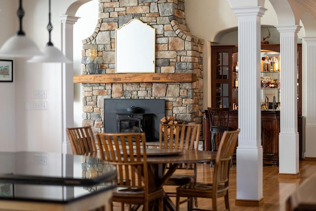 1767 Goose Creek Rd, Waynesboro, VA 22980 - dining area with ornate columns, wood finished floors, and arched walkways