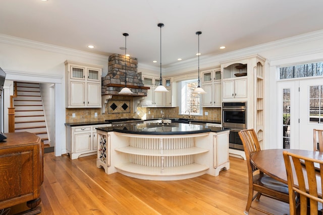 1767 Goose Creek Rd, Waynesboro, VA 22980 - kitchen featuring open shelves, dark countertops, double oven, light wood-style floors, and crown molding