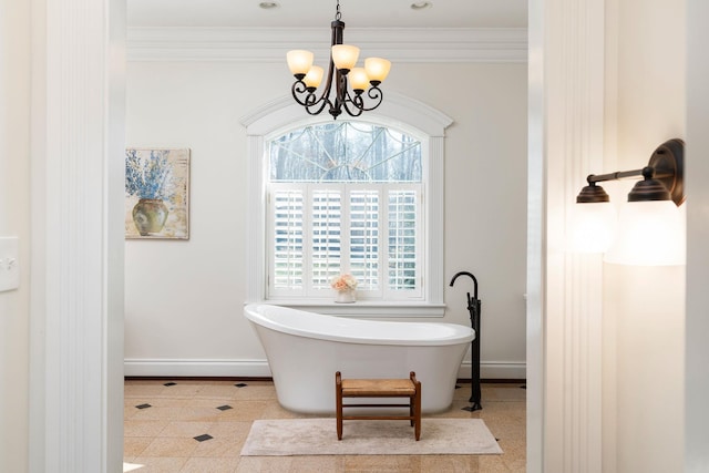 1767 Goose Creek Rd, Waynesboro, VA 22980 - bathroom featuring a chandelier, a soaking tub, baseboards, and ornamental molding