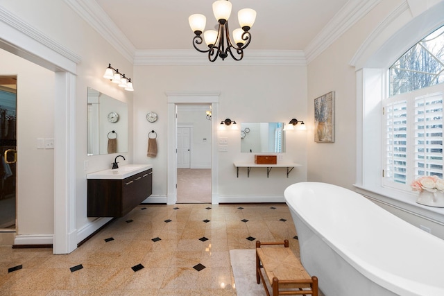 1767 Goose Creek Rd, Waynesboro, VA 22980 - full bath featuring ornamental molding, baseboards, granite tiled floors, a soaking tub, and a chandelier