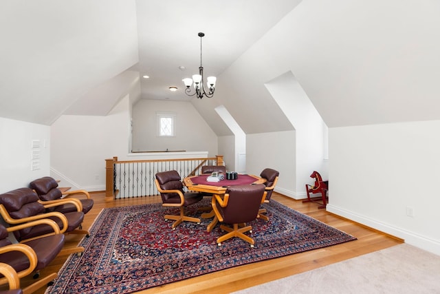 1767 Goose Creek Rd, Waynesboro, VA 22980 - dining space with wood finished floors, lofted ceiling, baseboards, and a chandelier