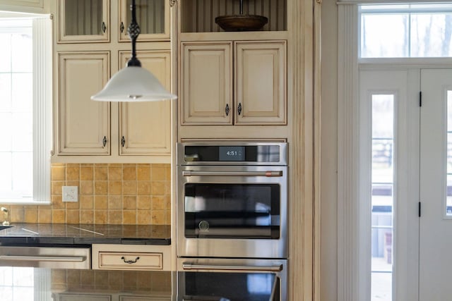 1767 Goose Creek Rd, Waynesboro, VA 22980 - kitchen featuring cream cabinetry, stainless steel double oven, decorative backsplash, and glass insert cabinets