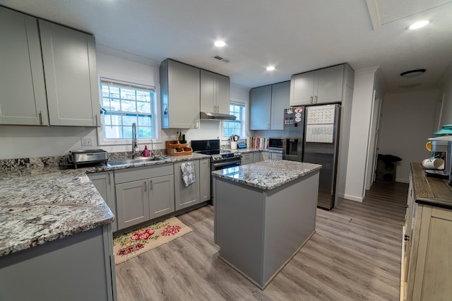 2786 Fleeburg Rd, Shenandoah, VA 22849 - kitchen with a sink, stainless steel appliances, visible vents, under cabinet range hood, and gray cabinetry