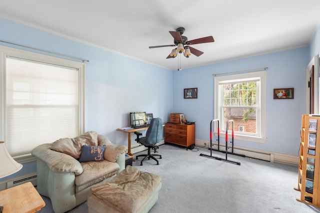 633 Wayne Ave S, Waynesboro, VA 22980 - office featuring a baseboard radiator, carpet flooring, ceiling fan, baseboard heating, and crown molding