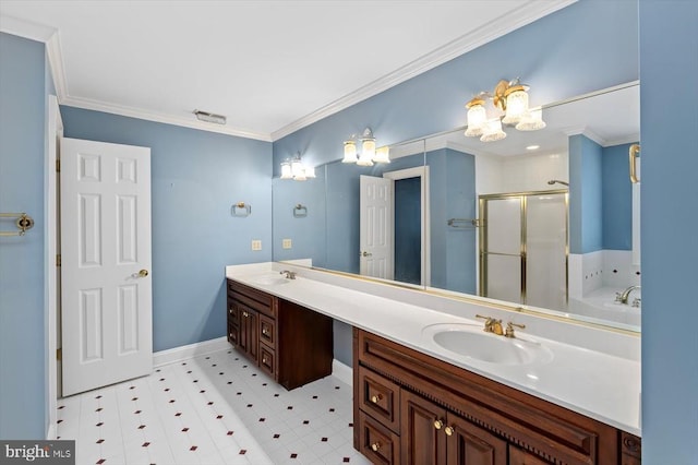 3905 Corbin Hall Ln, Fredericksburg, VA 22408 - bathroom featuring a shower stall, double vanity, crown molding, a garden tub, and a chandelier