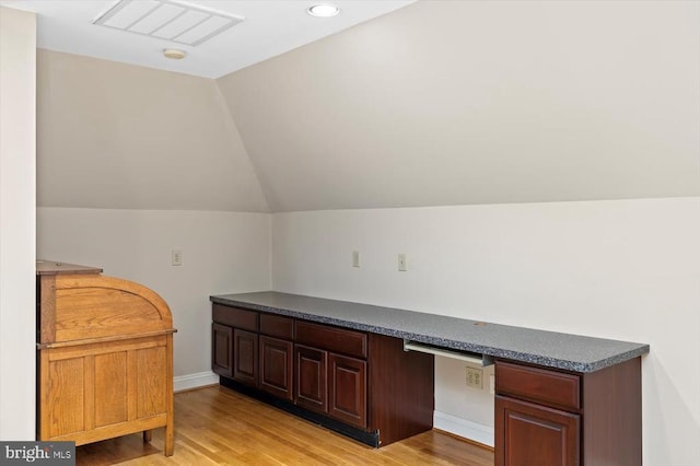 3905 Corbin Hall Ln, Fredericksburg, VA 22408 - bar featuring light wood-type flooring, lofted ceiling, built in desk, and recessed lighting