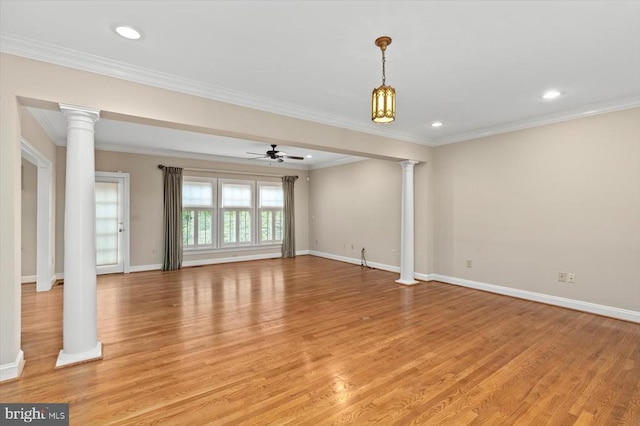 3905 Corbin Hall Ln, Fredericksburg, VA 22408 - unfurnished living room featuring decorative columns, light wood-type flooring, crown molding, a ceiling fan, and recessed lighting