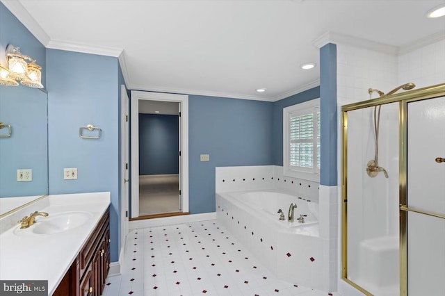 3905 Corbin Hall Ln, Fredericksburg, VA 22408 - bathroom with a stall shower, ornamental molding, vanity, a garden tub, and recessed lighting