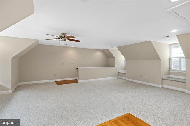 3905 Corbin Hall Ln, Fredericksburg, VA 22408 - additional living space featuring attic access, light carpet, recessed lighting, a ceiling fan, and lofted ceiling