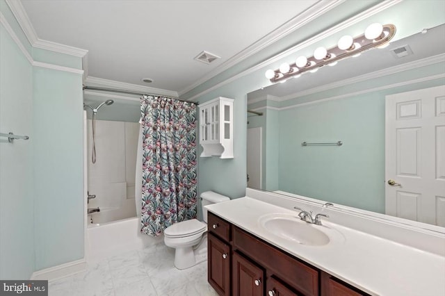 3905 Corbin Hall Ln, Fredericksburg, VA 22408 - bathroom with vanity, shower / bathtub combination with curtain, marble look tile flooring, and crown molding