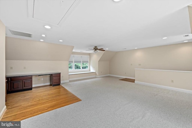 3905 Corbin Hall Ln, Fredericksburg, VA 22408 - bonus room with attic access, recessed lighting, ceiling fan, lofted ceiling, and light carpet
