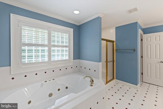 3905 Corbin Hall Ln, Fredericksburg, VA 22408 - full bath with a shower stall, a whirlpool tub, crown molding, and tile patterned flooring