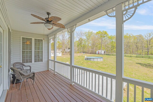 1130 Race Ground Rd, Rochelle, VA 22738 - deck featuring a ceiling fan, a fenced backyard, and a lawn