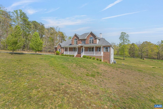 1130 Race Ground Rd, Rochelle, VA 22738 - view of front of house featuring covered porch, brick siding, a chimney, and a front lawn