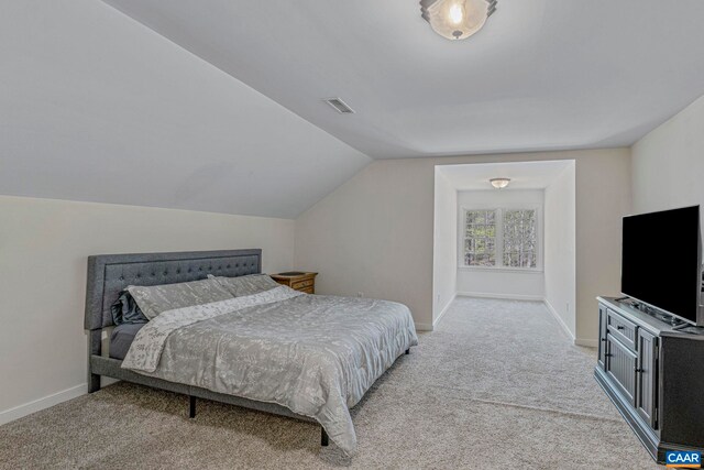 1130 Race Ground Rd, Rochelle, VA 22738 - bedroom with light colored carpet, visible vents, baseboards, and vaulted ceiling