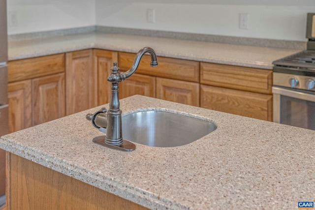 1130 Race Ground Rd, Rochelle, VA 22738 - interior details with light stone countertops, stainless steel gas stove, and a sink