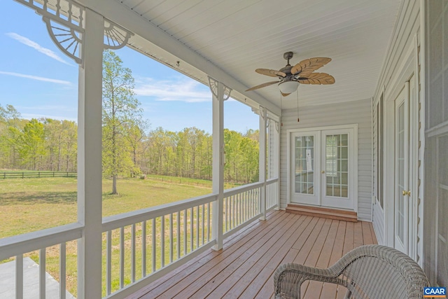 1130 Race Ground Rd, Rochelle, VA 22738 - wooden terrace featuring ceiling fan, french doors, and a lawn