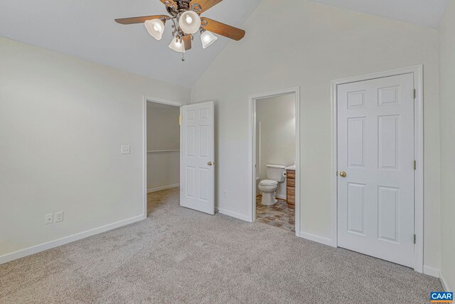 1130 Race Ground Rd, Rochelle, VA 22738 - unfurnished bedroom with baseboards, carpet flooring, ceiling fan, connected bathroom, and high vaulted ceiling