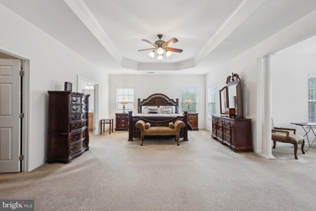 5831 Deep Creek Dr, Fredericksburg, VA 22407 - bedroom featuring light colored carpet, a tray ceiling, ornamental molding, and ceiling fan