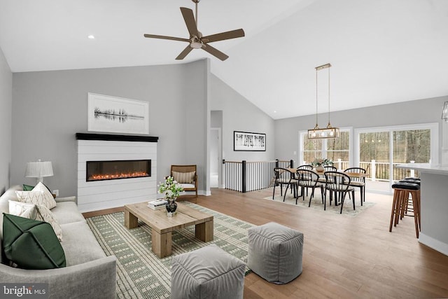 10643 Settle School Rd, Rixeyville, VA 22737 - living area with high vaulted ceiling, a ceiling fan, a glass covered fireplace, and wood finished floors