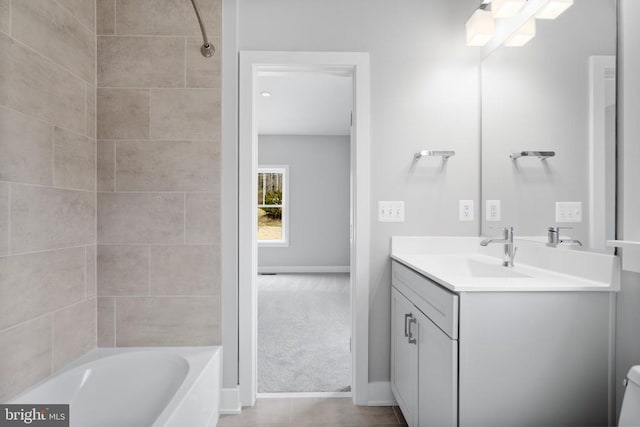 10643 Settle School Rd, Rixeyville, VA 22737 - bathroom with baseboards, tile patterned floors, vanity, and bathtub / shower combination