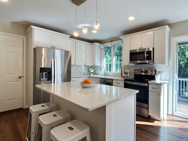 1203 Afton Mountain Rd, Afton, VA 22920 - kitchen featuring stainless steel appliances, white cabinetry, a center island, dark wood-style flooring, and recessed lighting
