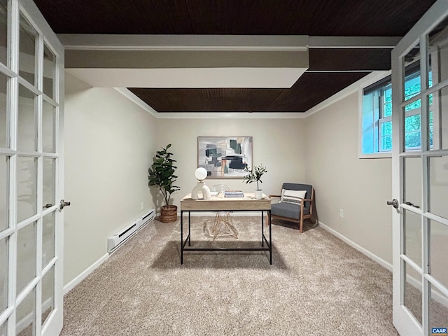 1203 Afton Mountain Rd, Afton, VA 22920 - carpeted office space featuring a baseboard radiator, french doors, crown molding, and wood ceiling