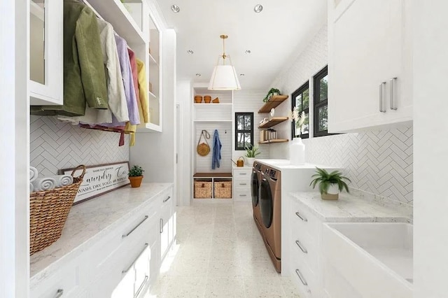 TBD Hermitage Rd, Waynesboro, VA 22980 - kitchen featuring washing machine and dryer, white cabinetry, open shelves, and decorative backsplash