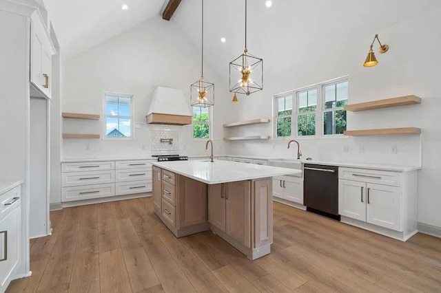 TBD Hermitage Rd, Waynesboro, VA 22980 - kitchen featuring custom exhaust hood, open shelves, high vaulted ceiling, and dishwasher