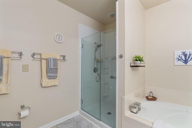 11200 Scottwood Ln N, Fredericksburg, VA 22407 - bathroom featuring a shower stall, a garden tub, and marble finish floors
