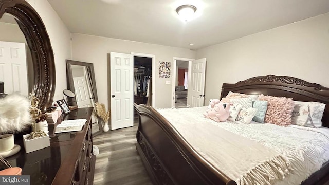 bedroom with dark hardwood / wood-style flooring, a walk in closet, and a closet