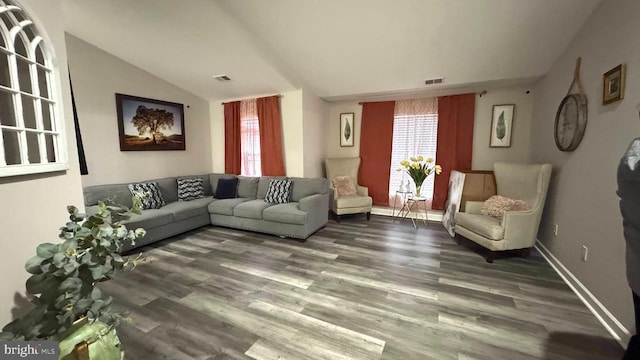 living room with vaulted ceiling, a healthy amount of sunlight, and hardwood / wood-style floors