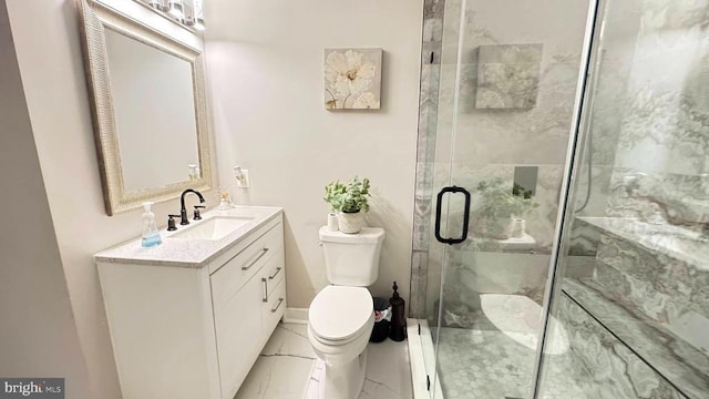 bathroom with toilet, vanity, baseboard heating, and walk in shower