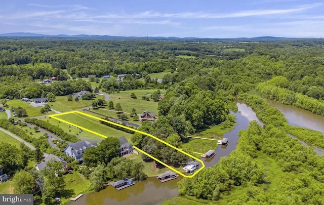 26437 Pennfields Dr, Orange, VA 22960 - aerial overview of property's location with a forest, property parcel outlined, and a nearby body of water