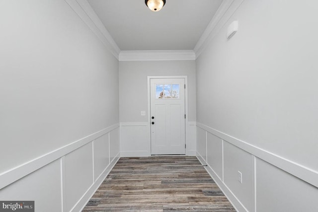 26437 Pennfields Dr, Orange, VA 22960 - doorway to outside with ornamental molding, wainscoting, wood finished floors, and a decorative wall