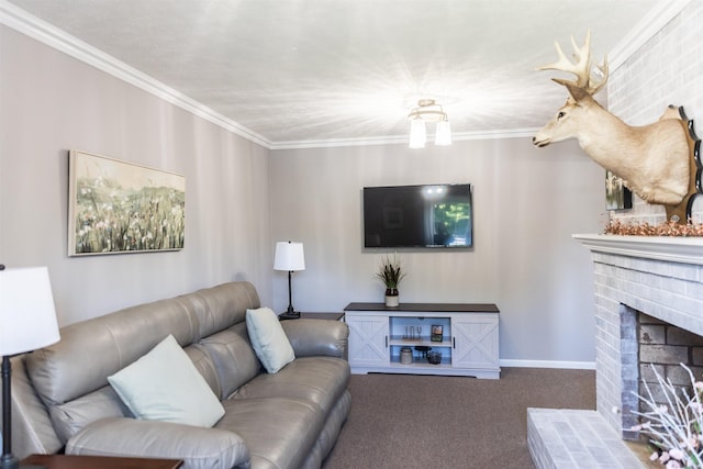 1014 22nd St E, Buena Vista, VA 24416 - carpeted living room with ornamental molding and a brick fireplace
