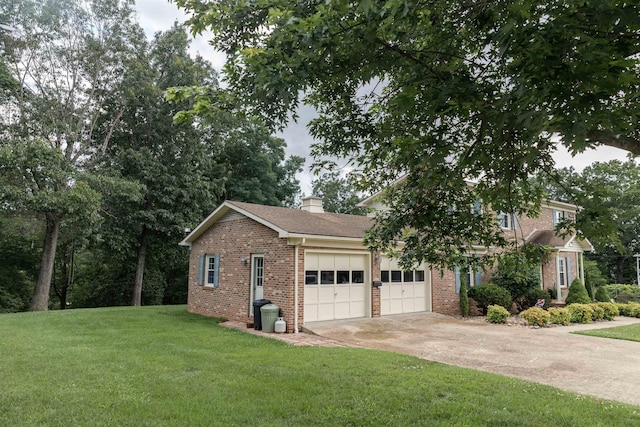 1014 22nd St E, Buena Vista, VA 24416 - view of front of home featuring brick siding, a garage, a front yard, driveway, and a chimney