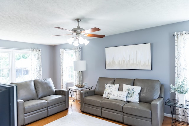1014 22nd St E, Buena Vista, VA 24416 - living area with plenty of natural light, wood finished floors, a ceiling fan, and a textured ceiling