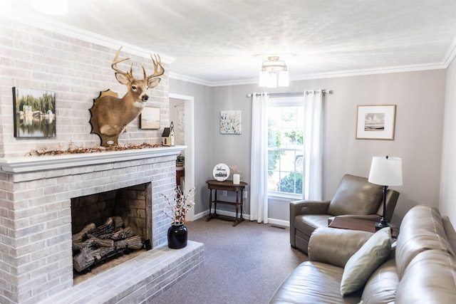 1014 22nd St E, Buena Vista, VA 24416 - carpeted living area with a brick fireplace and ornamental molding