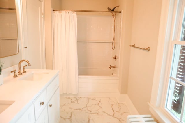 645 Cherry Ave, Waynesboro, VA 22980 - bathroom featuring marble finish flooring, shower / bath combo with shower curtain, double vanity, and radiator heating unit