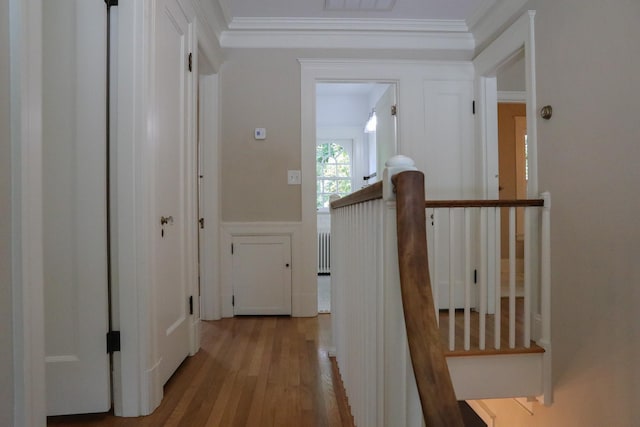 645 Cherry Ave, Waynesboro, VA 22980 - hall featuring wood finished floors, crown molding, a decorative wall, and a wainscoted wall