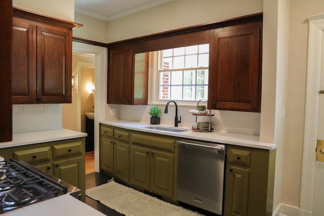 645 Cherry Ave, Waynesboro, VA 22980 - kitchen featuring dishwasher, a sink, light countertops, crown molding, and stovetop