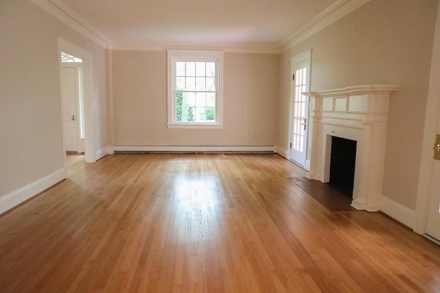 645 Cherry Ave, Waynesboro, VA 22980 - unfurnished living room with a baseboard heating unit, crown molding, light wood-style flooring, a fireplace with flush hearth, and baseboards