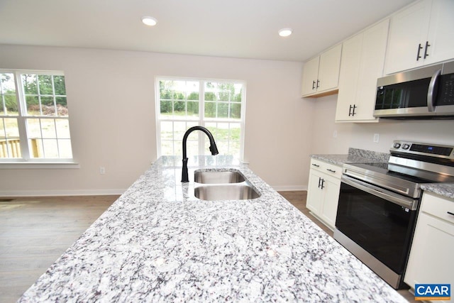 219 Riva Way, Palmyra, VA 22963 - kitchen featuring stainless steel appliances, a sink, wood finished floors, baseboards, and light stone countertops