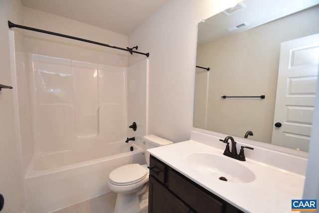 full bathroom featuring toilet, shower / bathtub combination, vanity, and visible vents
